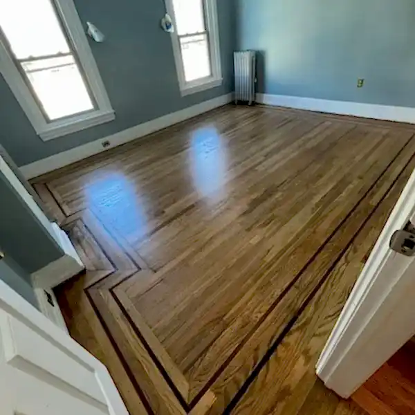 Residential White Oak Floor Refinishing with Walnut Inlay in Conshocken, PA