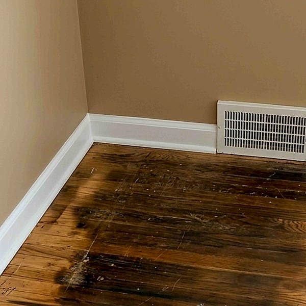 Dark water stain on hardwood floor of a home with beige walls