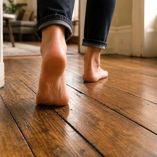 Bare feet walking across aged hardwood floorboards in an older Philadelphia home