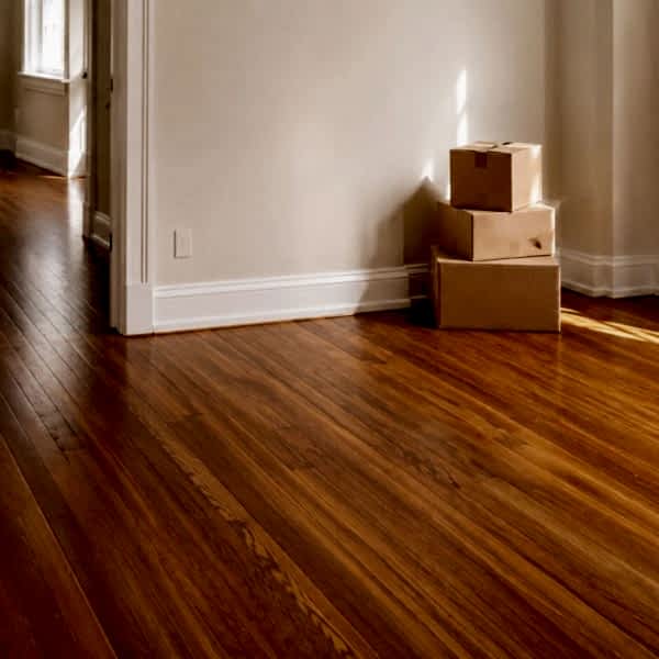 Empty room with freshly refinished hardwood floors, warm natural light, and stacked moving boxes near the wall before move-in